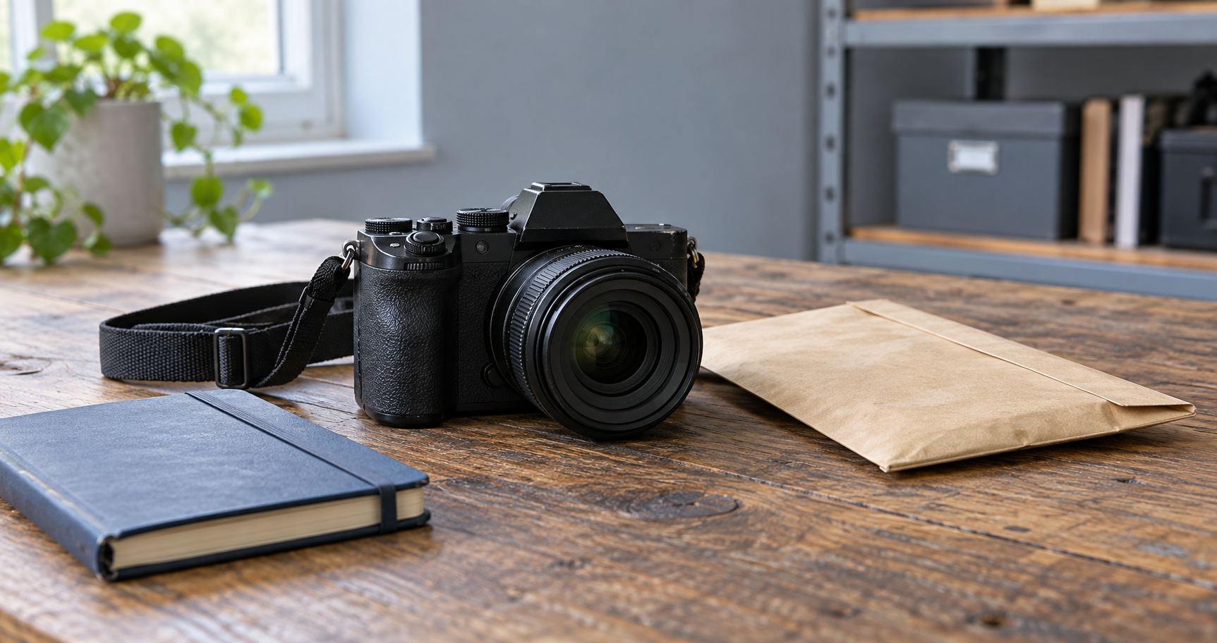 A camera and lens beside a closed notebook and a paper envelope on a wooden desk.