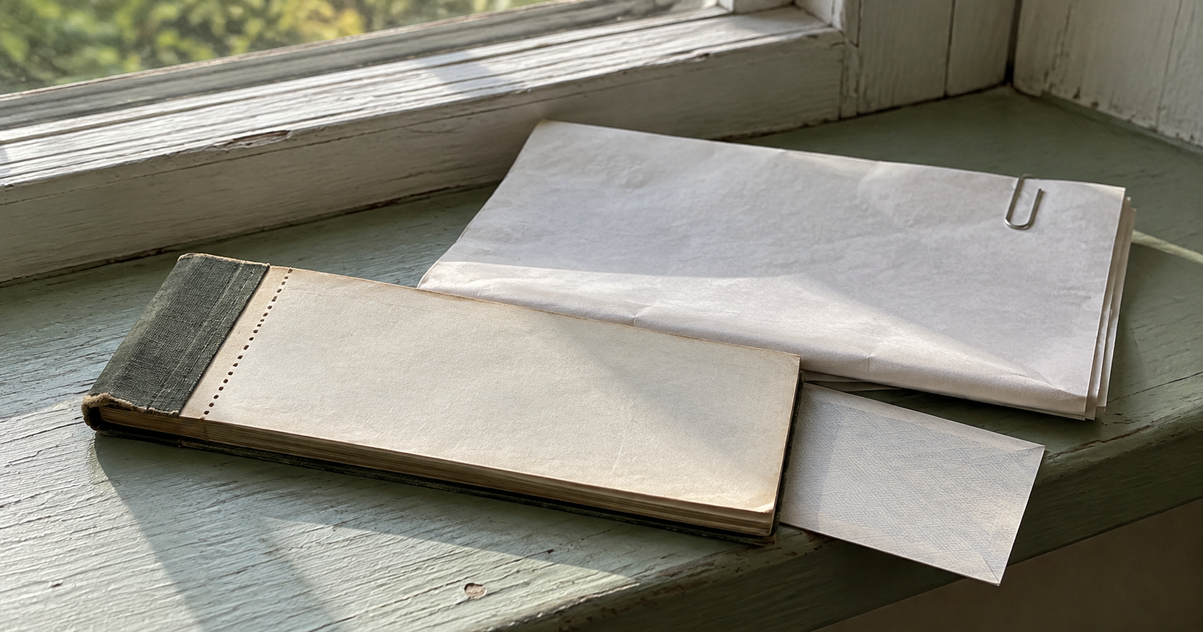 A bound record book beside clipped paperwork on a green windowsill.