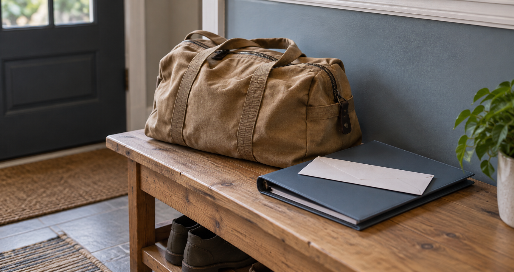 A canvas travel bag beside a closed folder and envelope on a wooden bench.