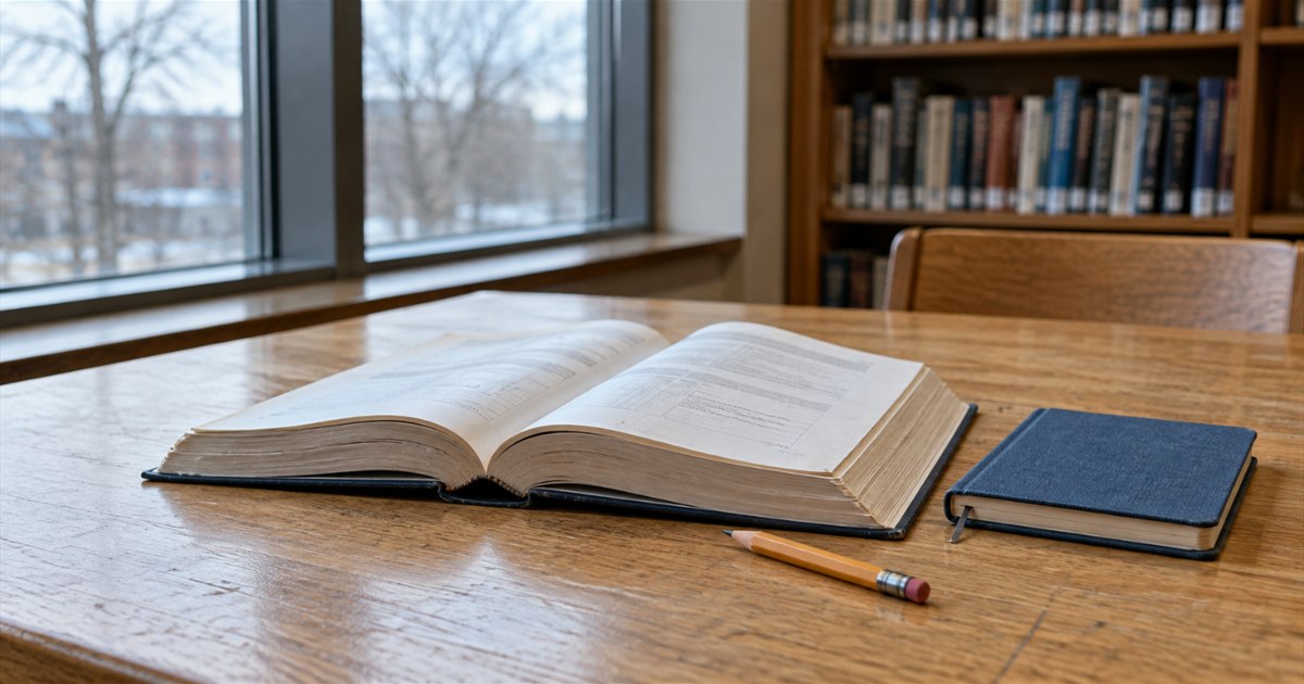 Open accounting textbook, notebook and pencil on a wooden table by a window