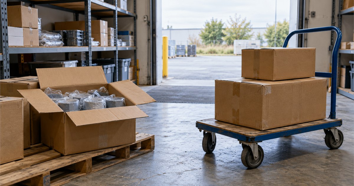 Open boxes on a pallet and stacked cartons on a blue platform cart in a stockroom