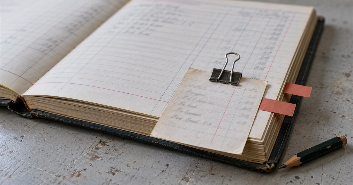 Une pince-notes retient un feuillet sur un registre comptable ouvert