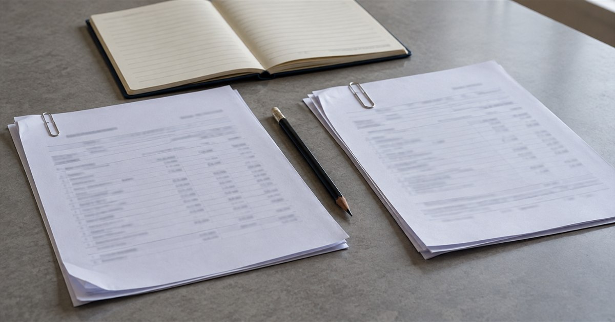 Two clipped stacks of financial records beside a pencil and open notebook