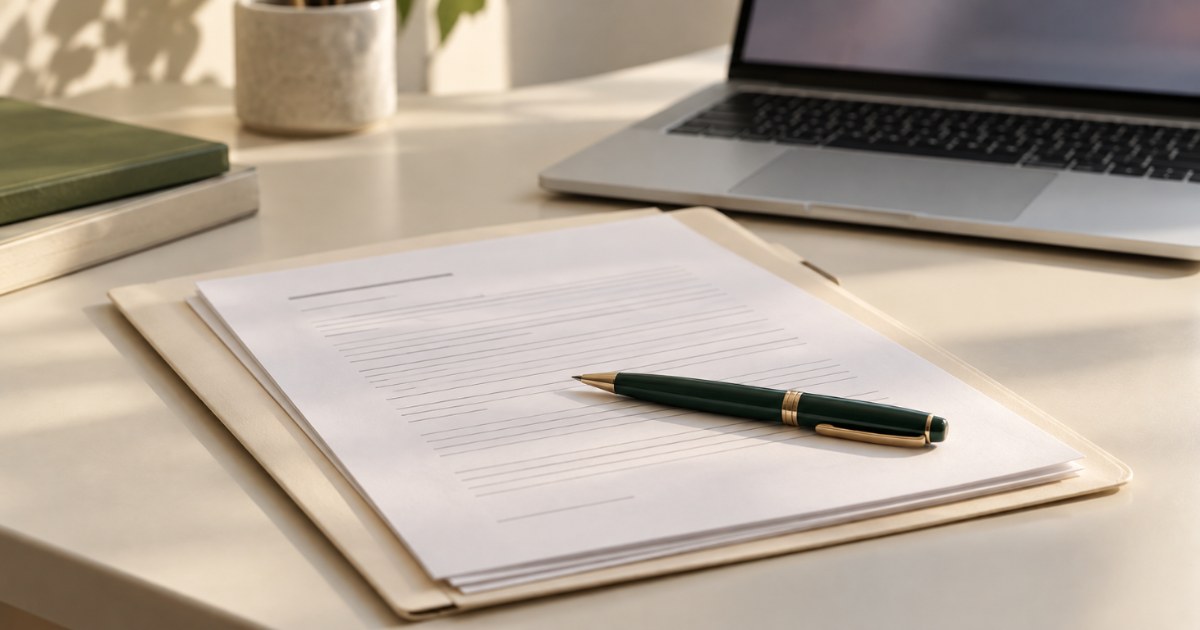 A green pen resting on agreement paperwork beside a laptop.