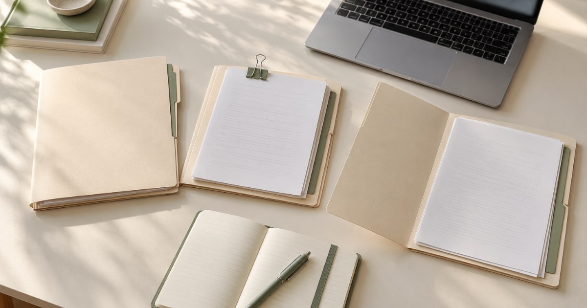 Three open document folders arranged beside a laptop and notebooks.