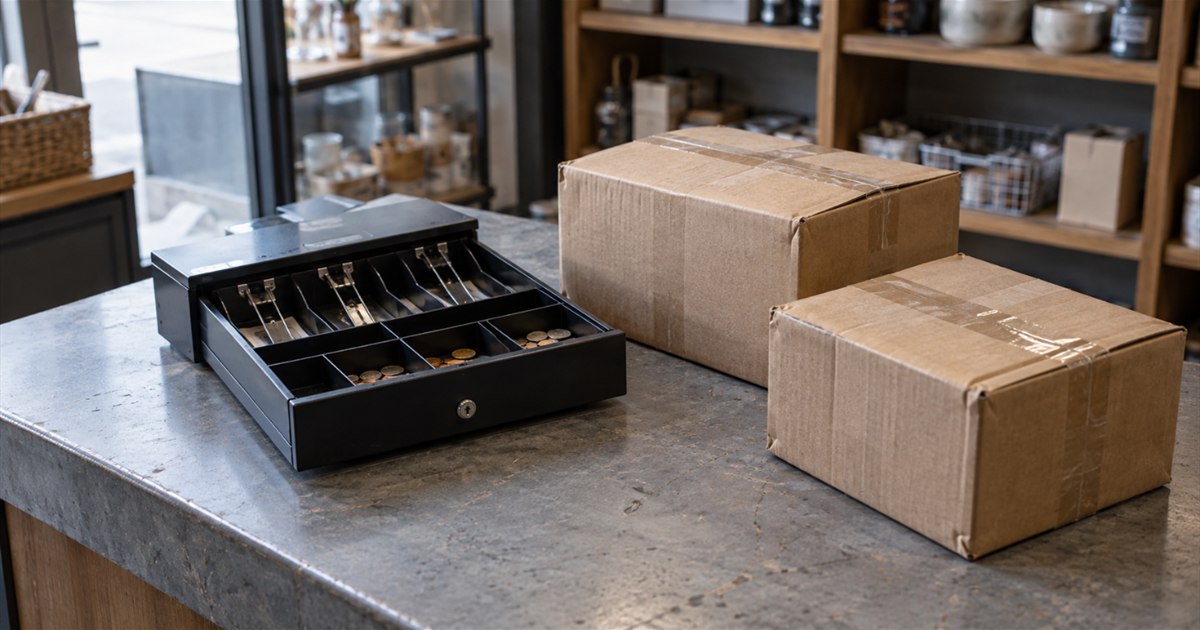 Open cash drawer beside two outgoing cardboard parcels on a shop counter