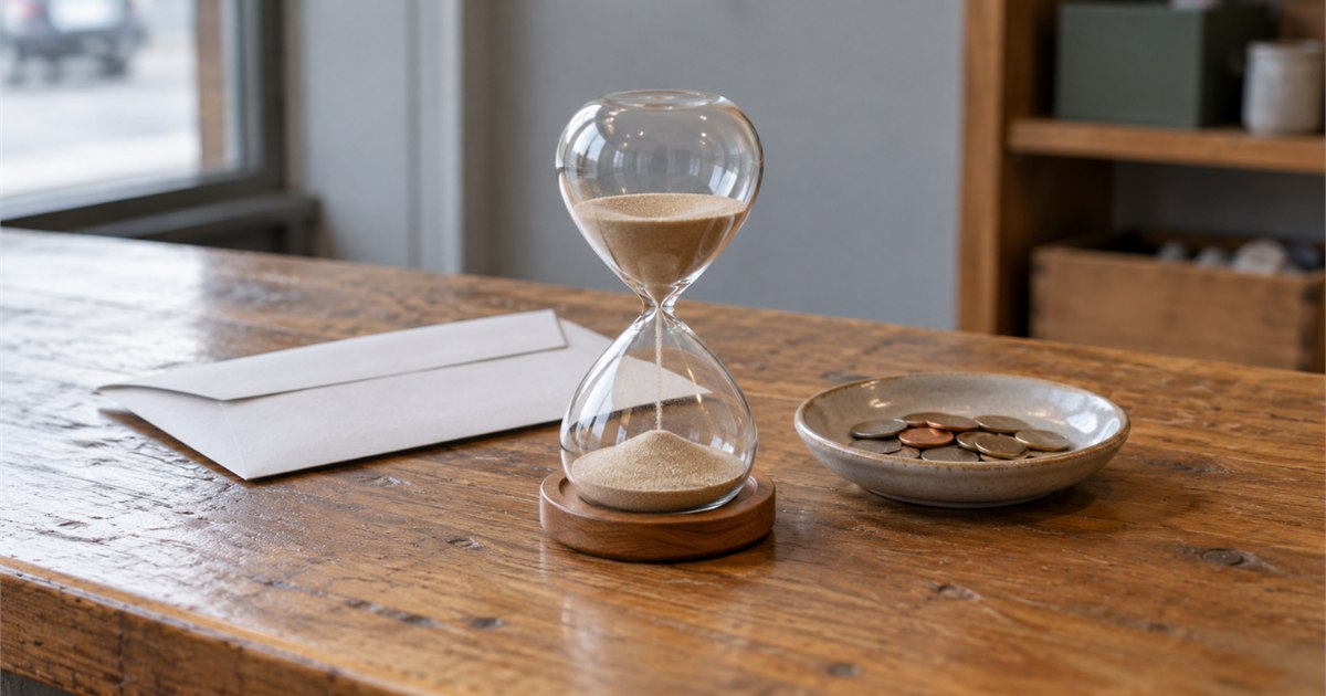 An hourglass beside an envelope and a dish of coins on a wooden table