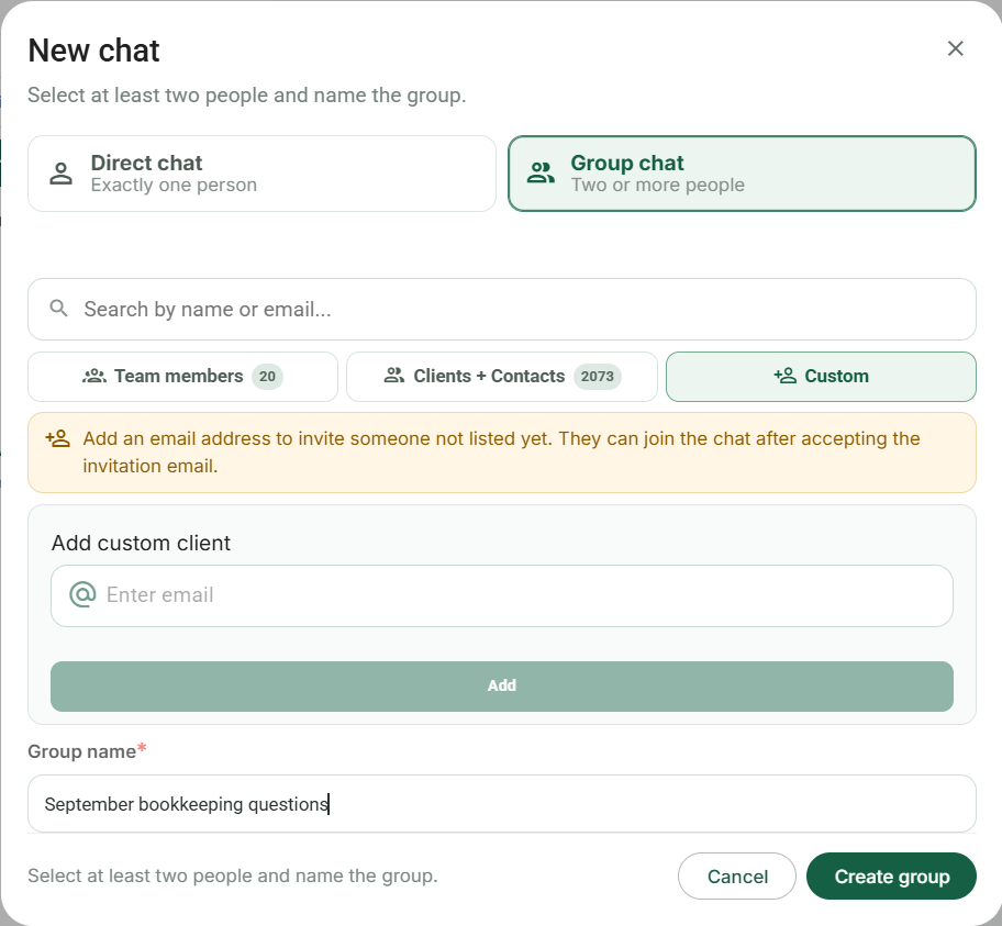 New chat: an unsaved group draft and the Custom participant source