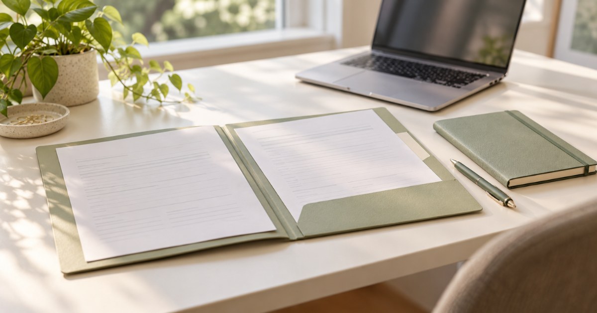 An open document folder, notebook and laptop on a sunlit desk.