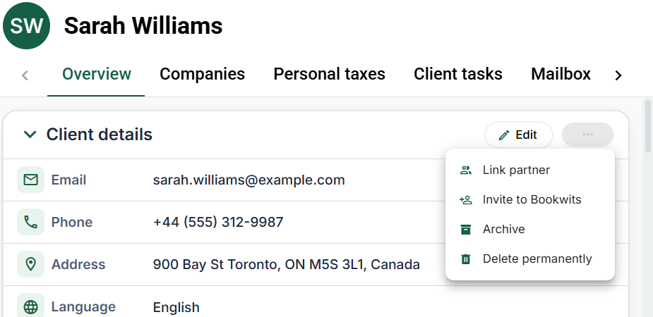 Client Overview: the menu beside Edit contains partner and invitation actions