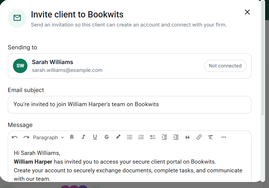 Client invitation: recipient, subject and portal-introduction message
