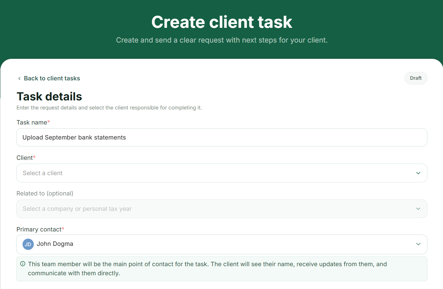 Unsaved client-task draft: name, client scope and the firm’s primary contact