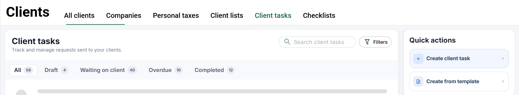 Client tasks: status views, filters and creation shortcuts