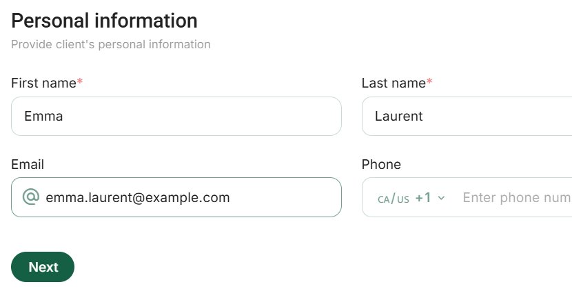 Client creation: required names and optional contact details