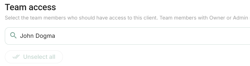 Client creation: search for a colleague in Team access