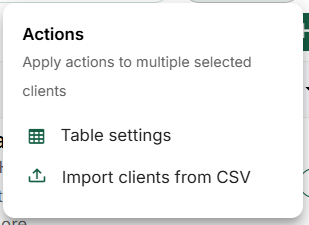 Client directory: Actions contains table settings and CSV import