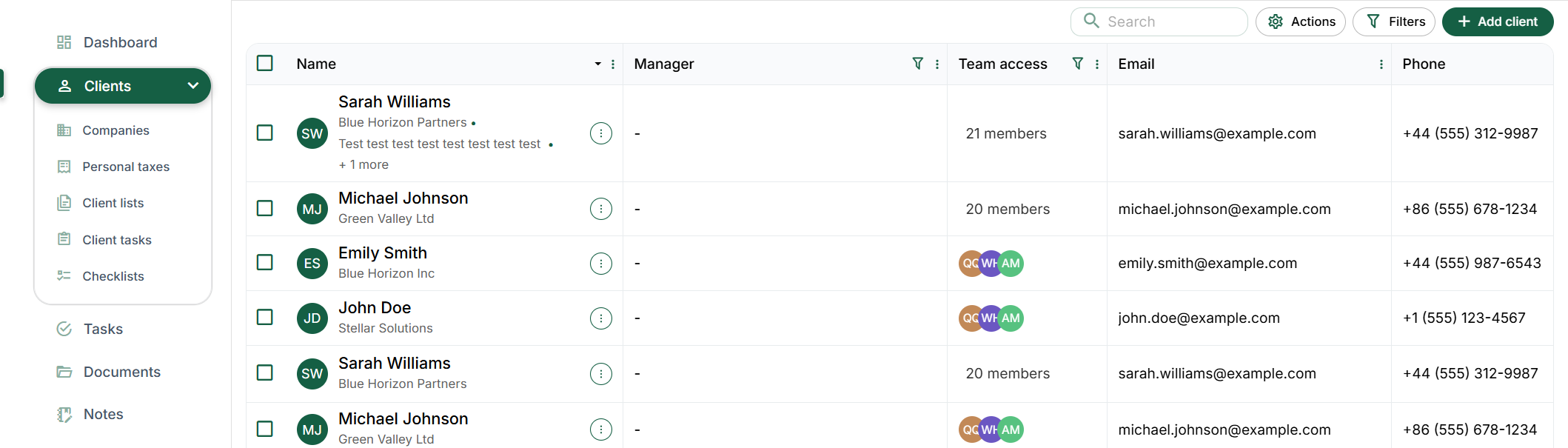 Client creation: All clients, search and Add client
