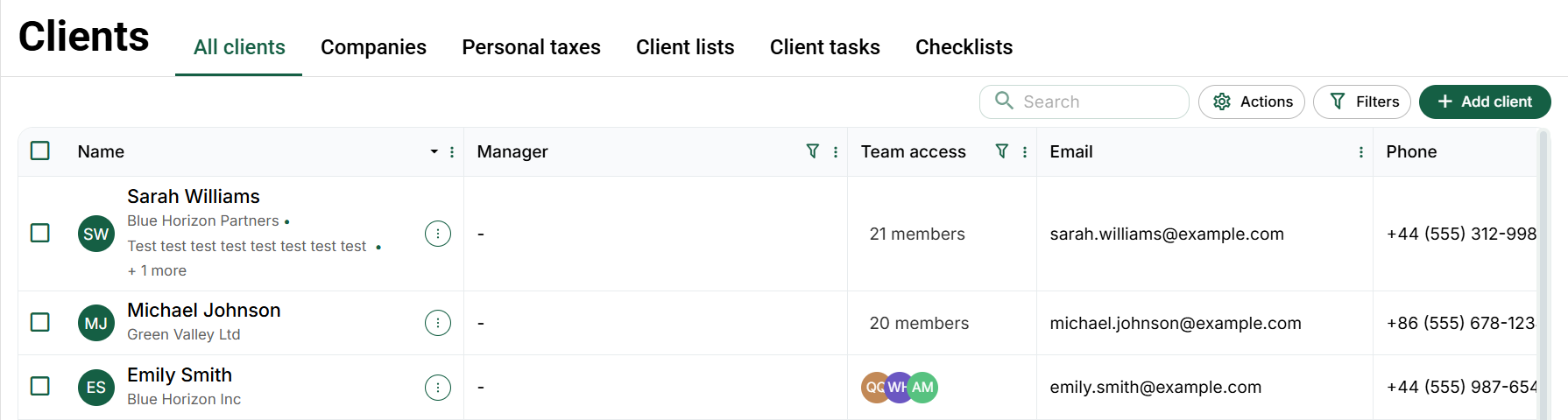 All Clients: module tabs and directory controls