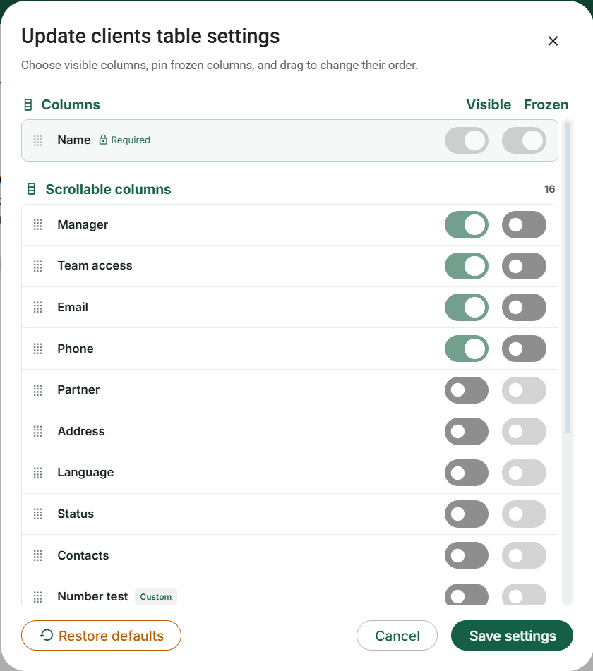 All clients: visibility, frozen columns, ordering and layout actions