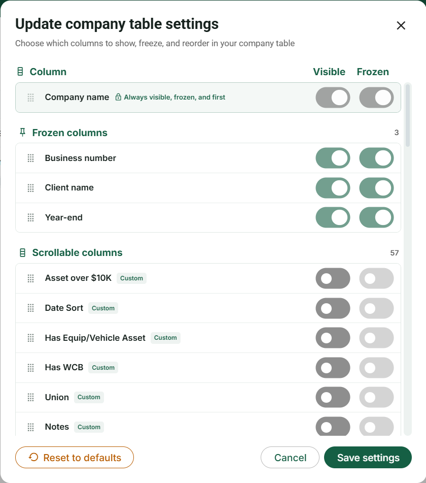 Companies: required company name, frozen group and scrollable columns