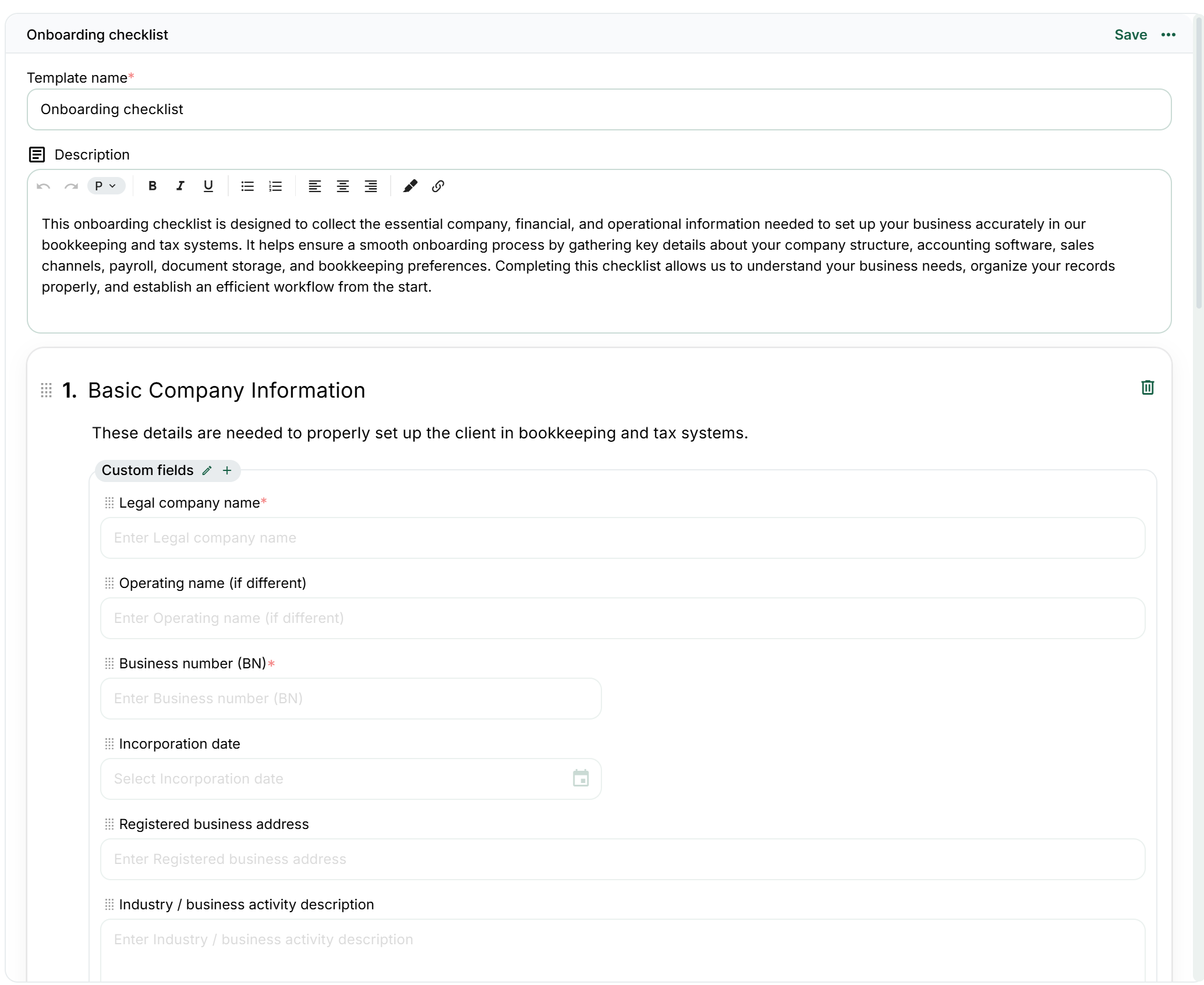 Screen reference: What’s inside a company checklist template