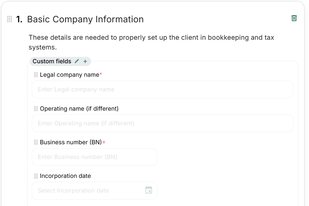 English checklist template editor with the Basic Company Information section, its explanatory note and required legal-name and business-number fields