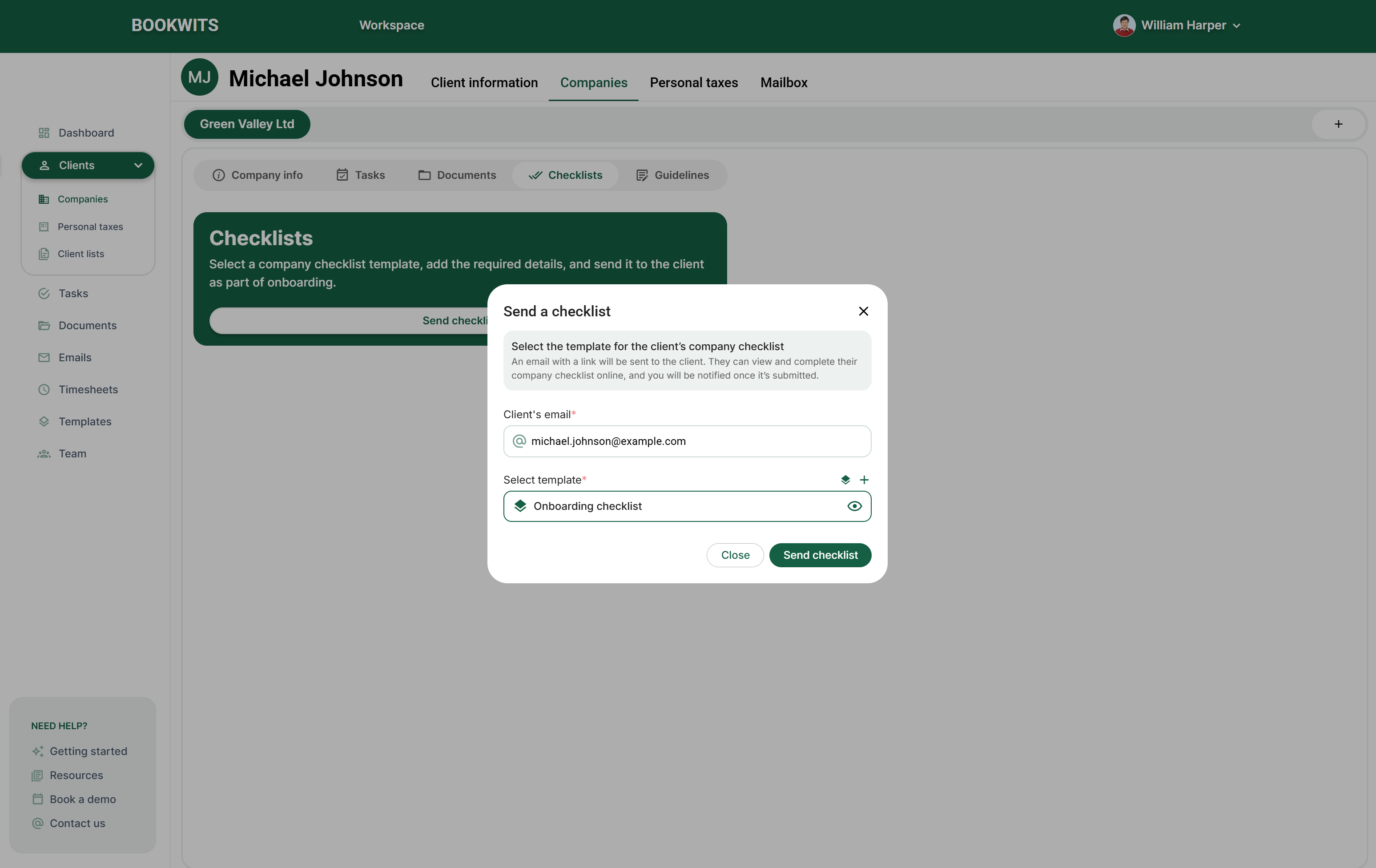 Screen reference: Step 2: Send a checklist to the client