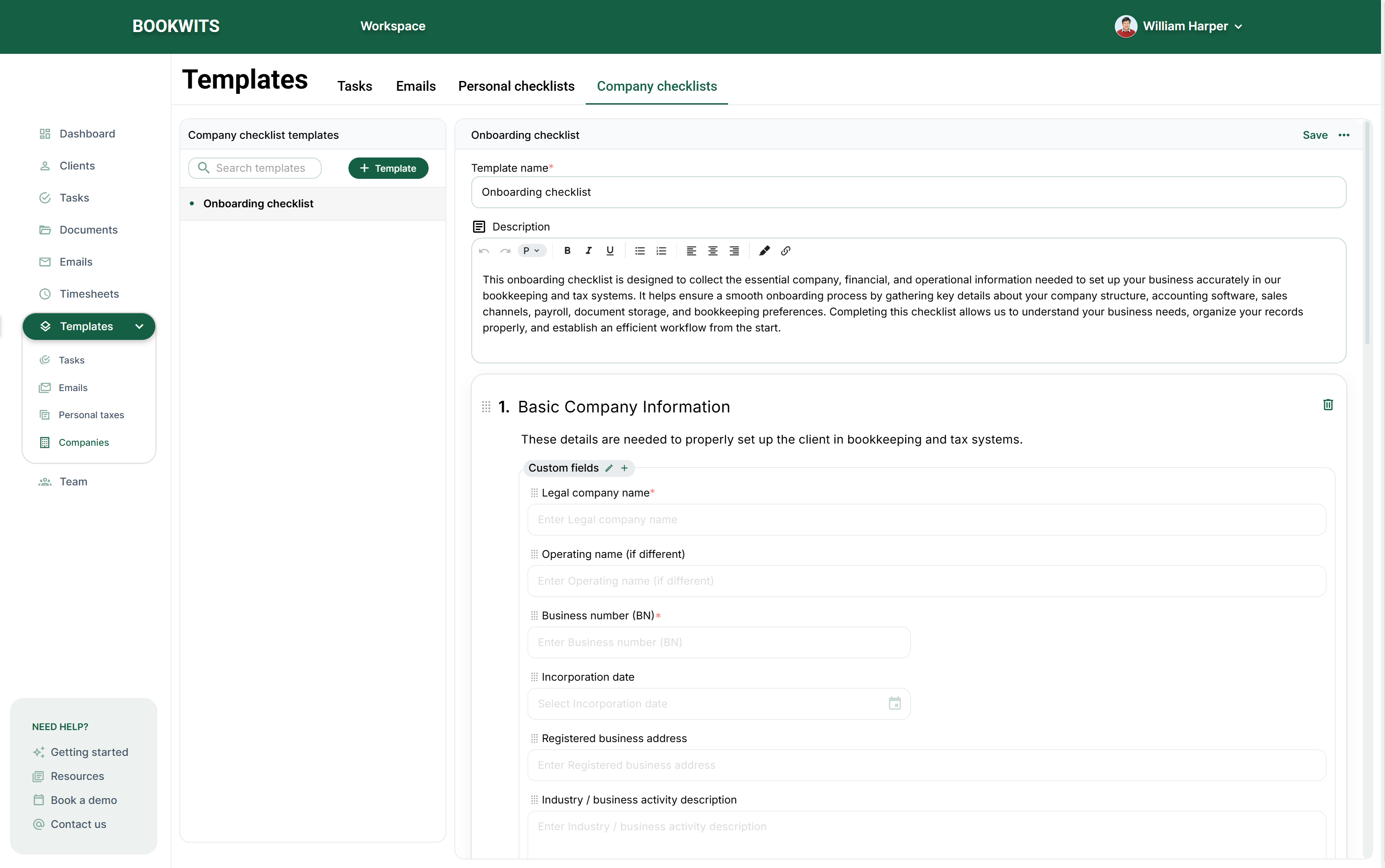 Screen reference: Where to manage Company Checklist templates