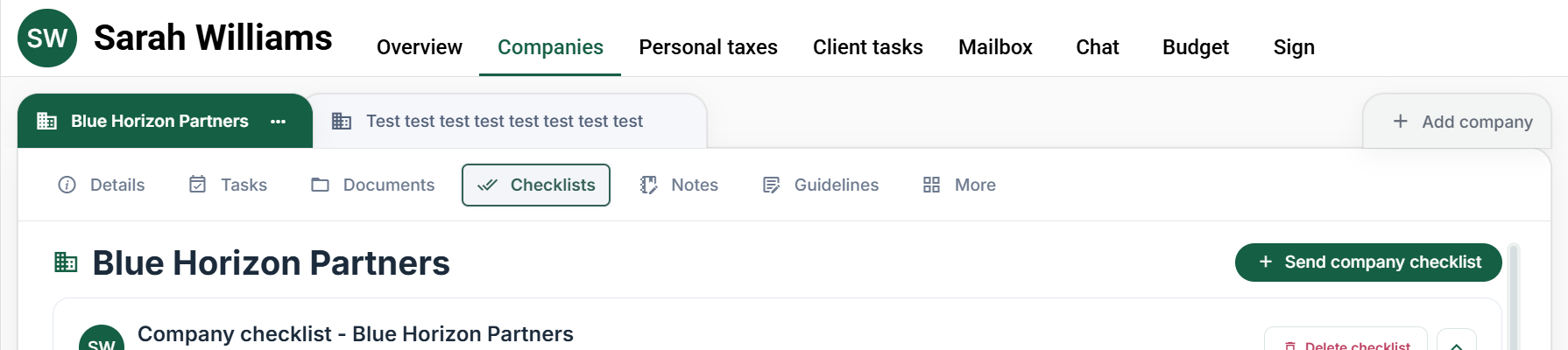 Company checklist entry point and request header
