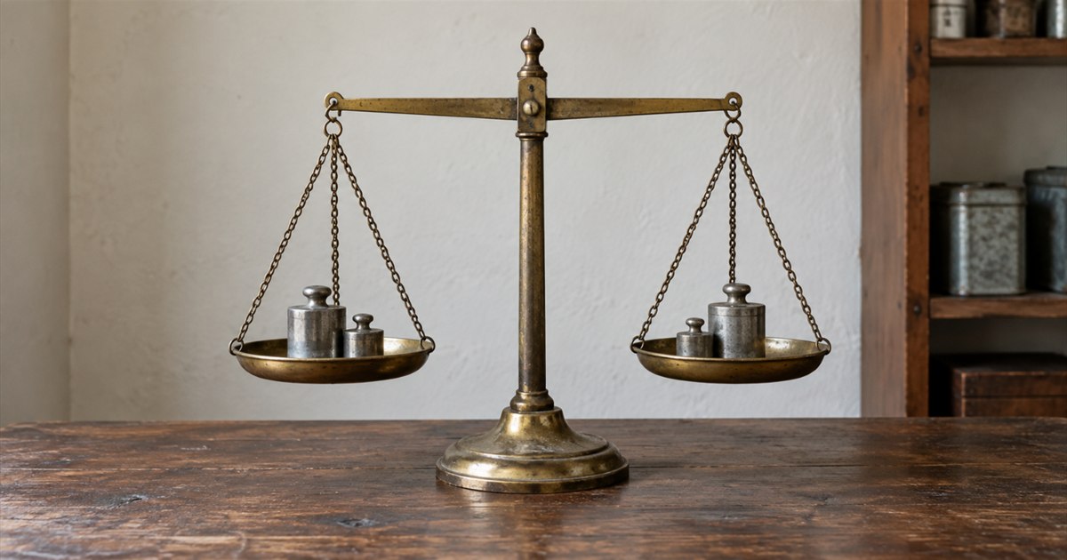 Brass balance with equal weights on both pans, illustrating balanced accounting entries
