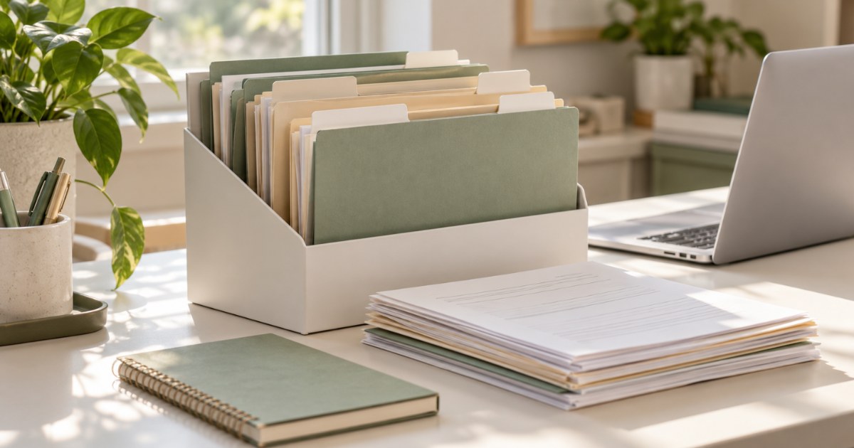 Label-free folders in a desktop file organizer beside stacked documents and a laptop.