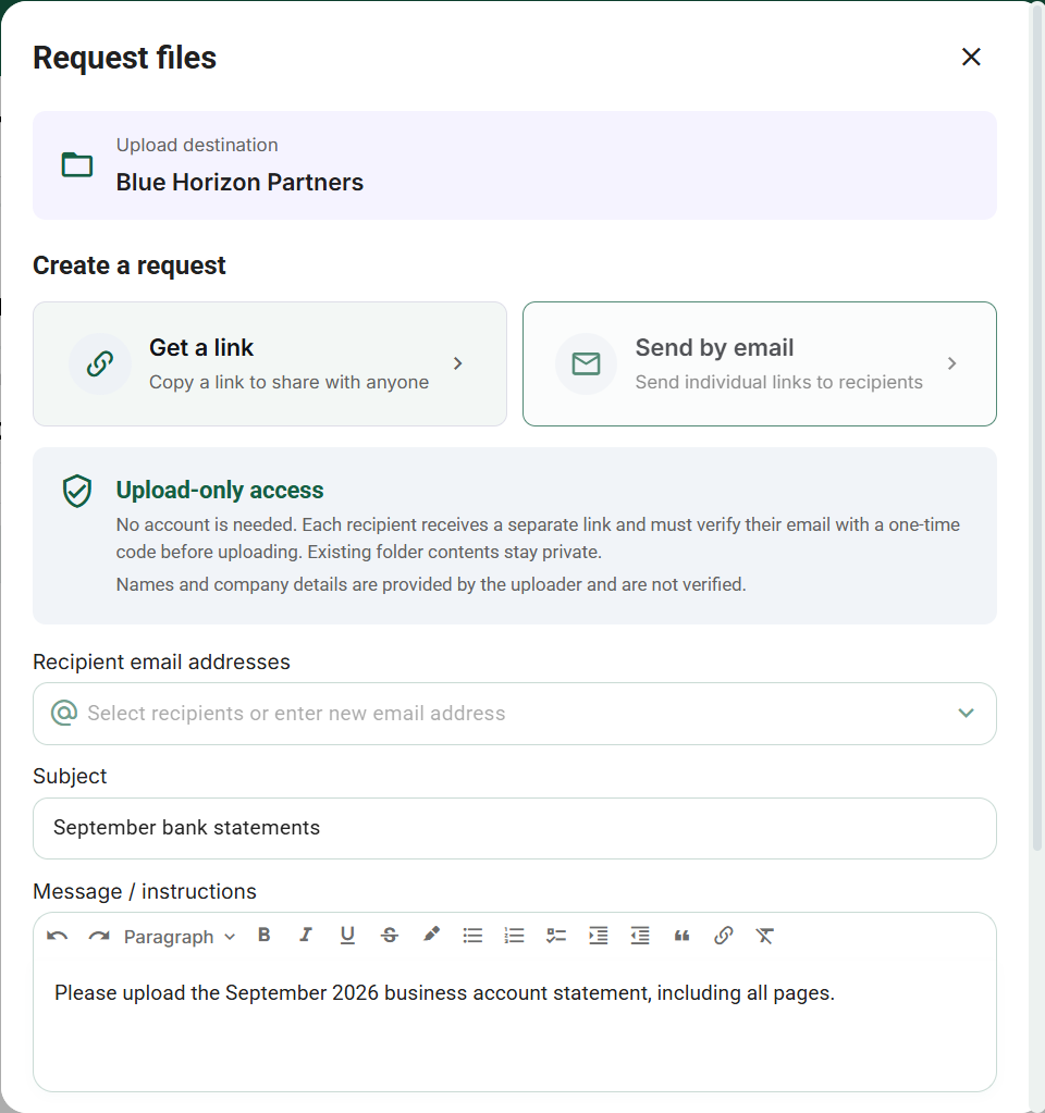 Request files draft: individual email links and recipient verification