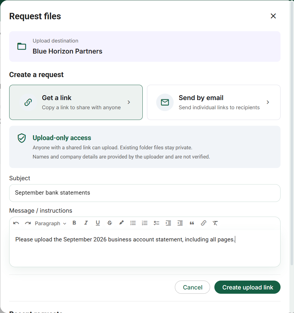 Request files draft: upload-only link mode before creating a link
