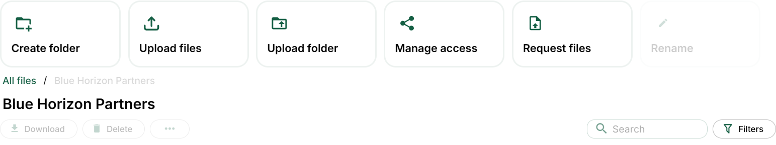 Company Documents: Upload folder and Request files above the destination breadcrumb