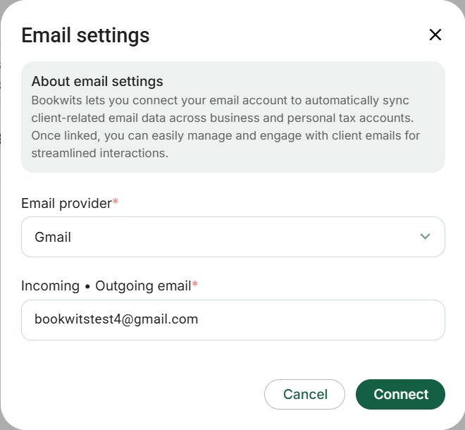 Email settings: an additional Gmail connection draft before authorization