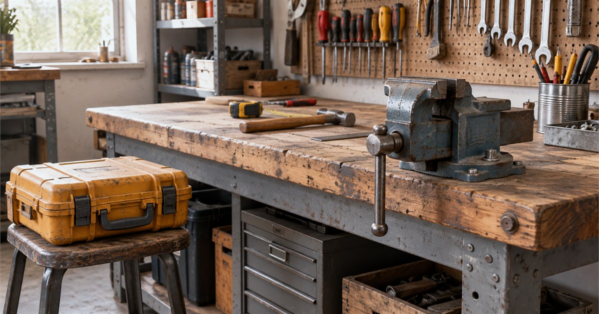 A worn wooden workbench with a metal vise, hand tools and a yellow tool case