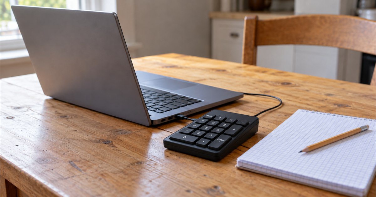 A black numeric keypad beside a laptop and a graph-paper notebook on a wooden table