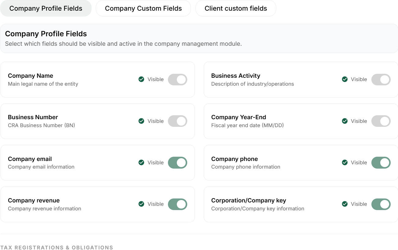 Company profile fields: required questions and optional visibility settings