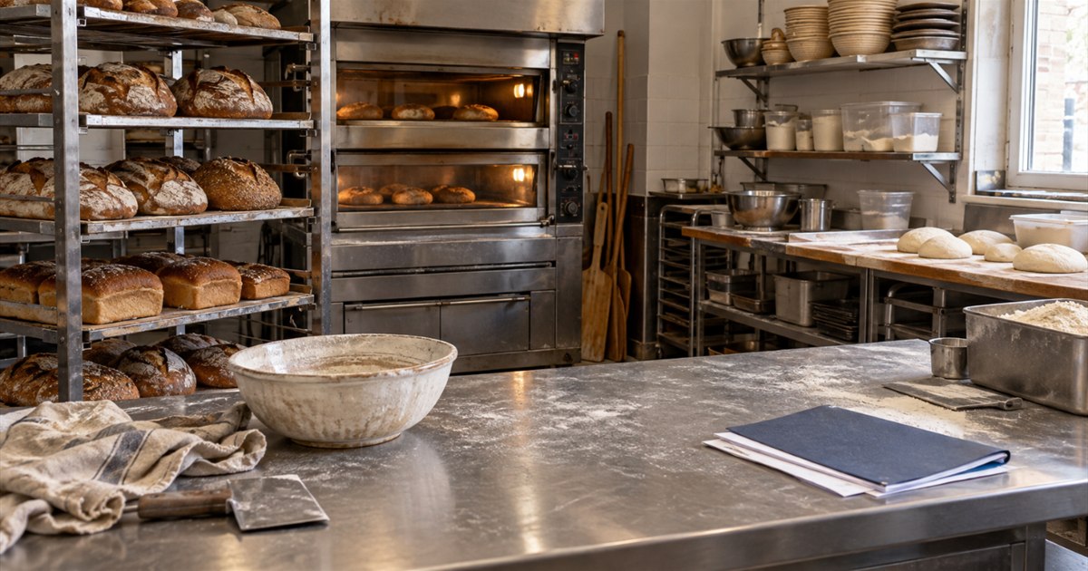 Financial papers and a notebook on a bakery workbench beside bread and baking equipment
