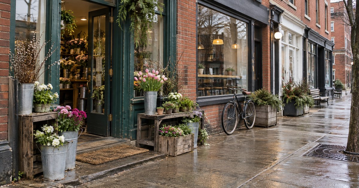 Commerces de quartier, étalages de fleurs et vélo le long d’un trottoir mouillé par la pluie