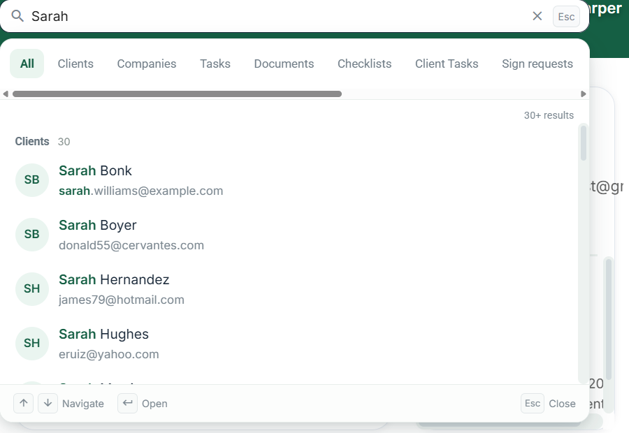 Workspace search: type a name and choose a result category