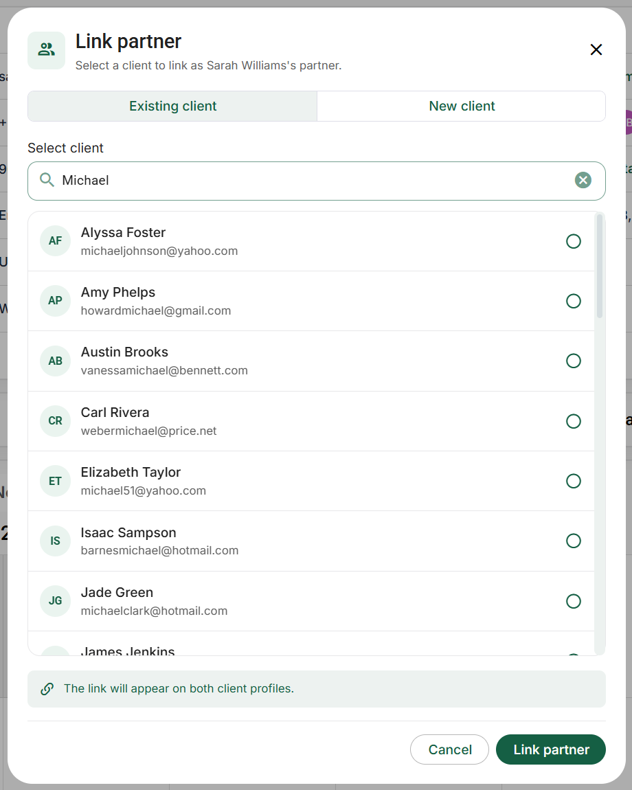 Link partner: search existing clients