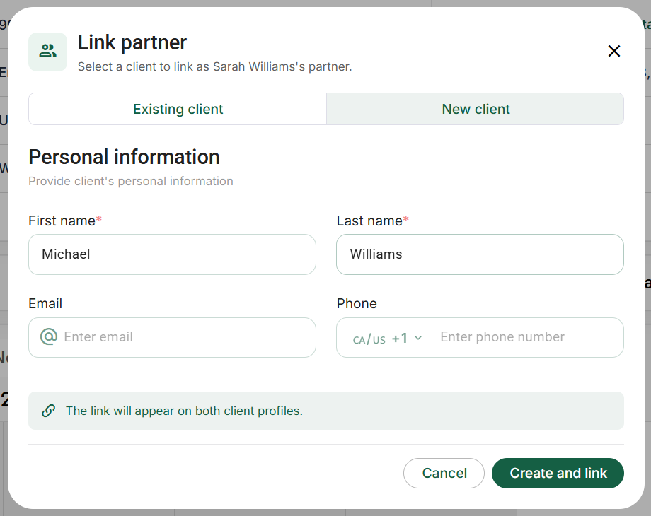 Link partner: enter a new person without merging profiles