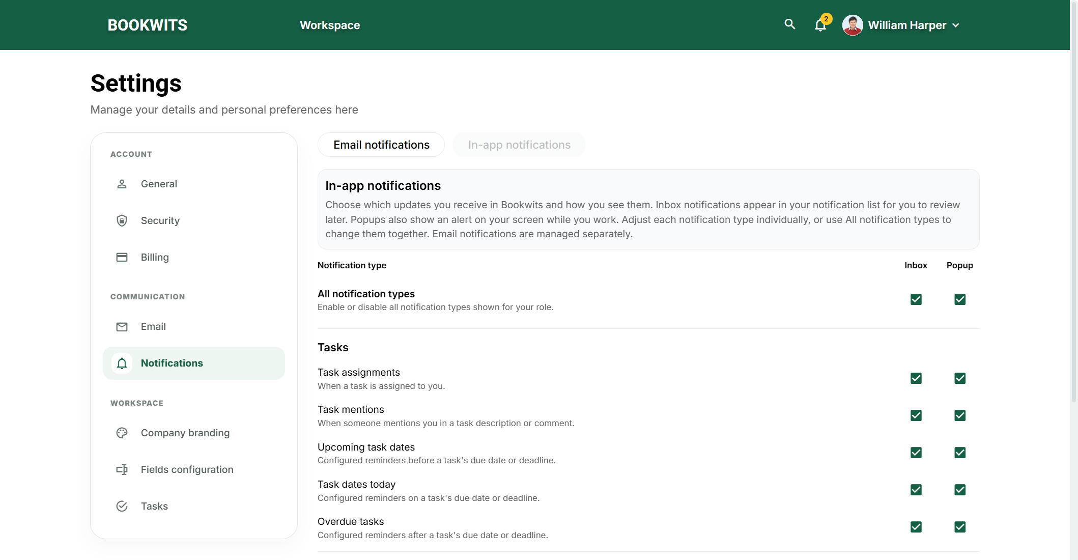 Notification settings and their separate delivery channels