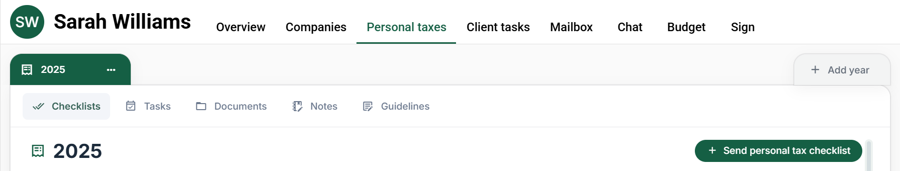 Select the personal tax year before choosing its working section