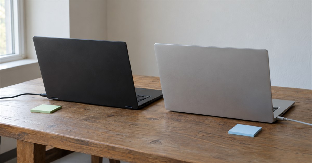 Two unbranded laptops with green and blue sticky notes on a wooden table