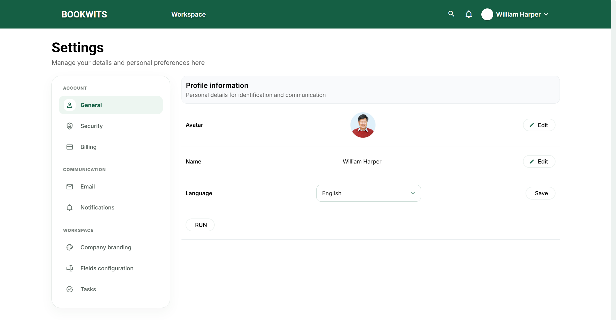 Settings categories and the account profile