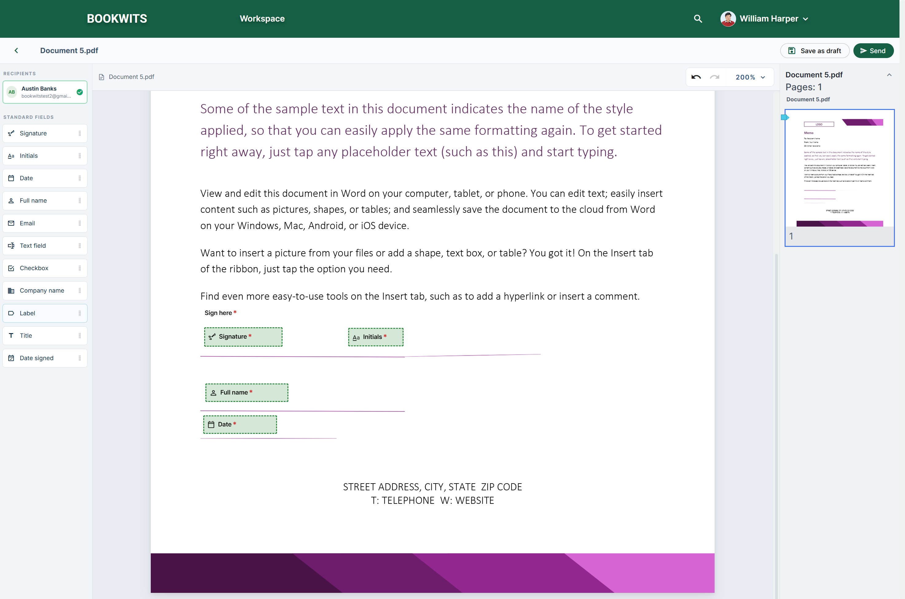 Placer des champs sur un document dans Bookwits Sign