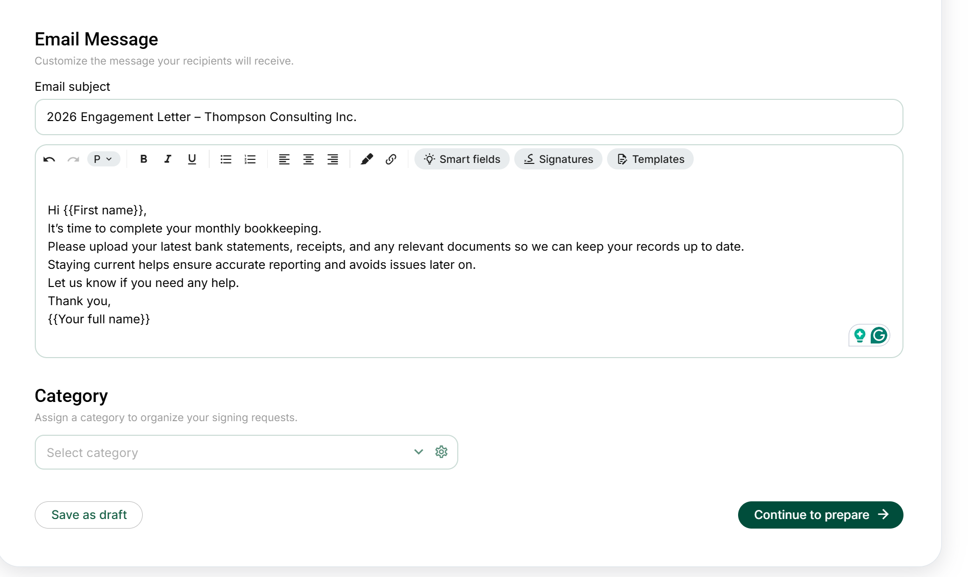 Réviser le message courriel avant d’envoyer une demande de signature