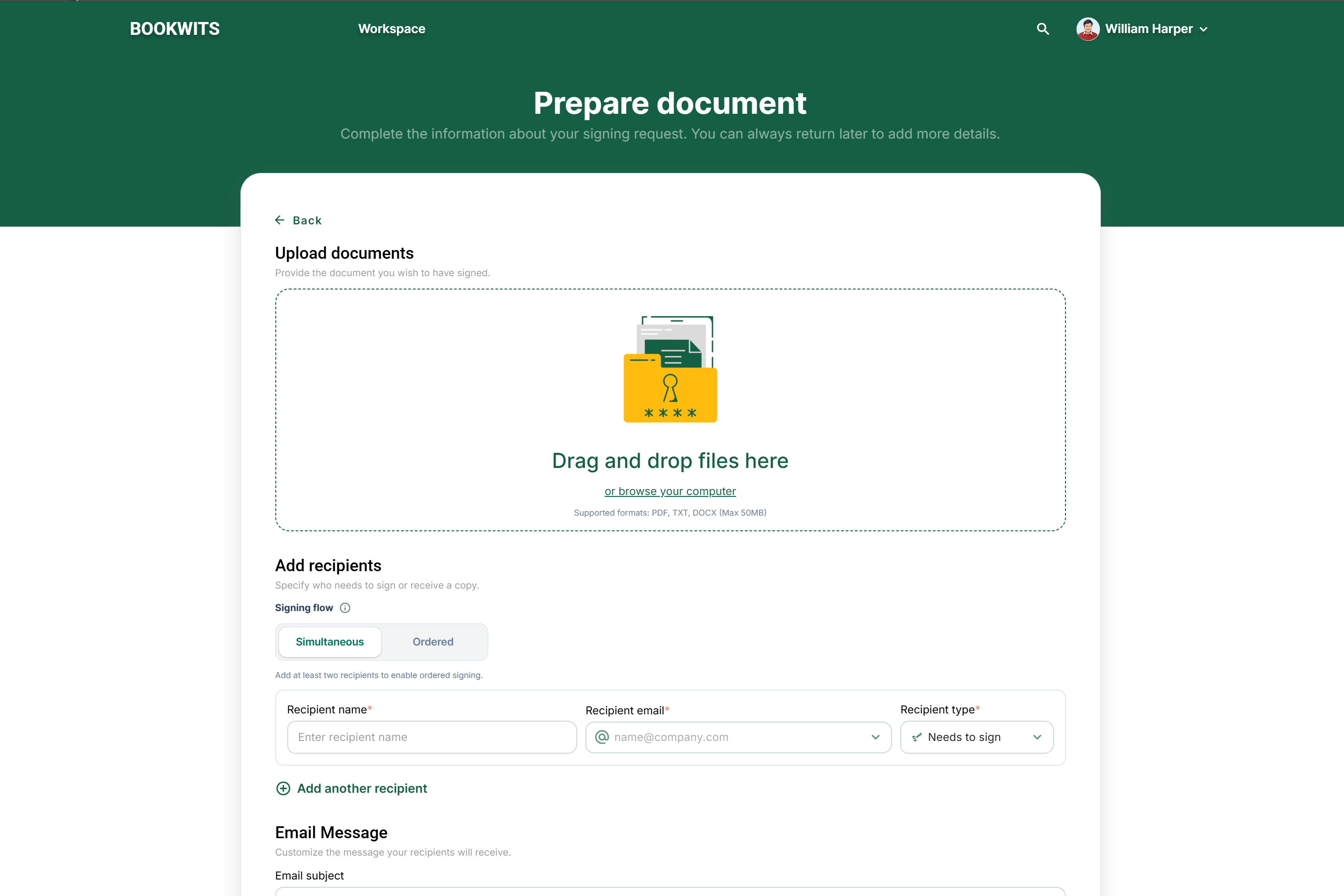 Créer une nouvelle demande de signature dans Bookwits Sign
